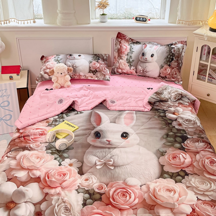 91家纺网 家纺一手货源 找家纺 宝薇 2026春夏新款7D卡通仿棉磨毛水洗棉夏被夏凉被空调被四件套 玫瑰兔