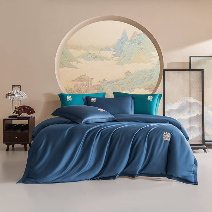 91家纺网 家纺一手货源 找家纺 （总）佑金甜 2026新款100支全棉贡缎中国风新疆长绒棉纯色双拼四件套（礼盒塑封包装）