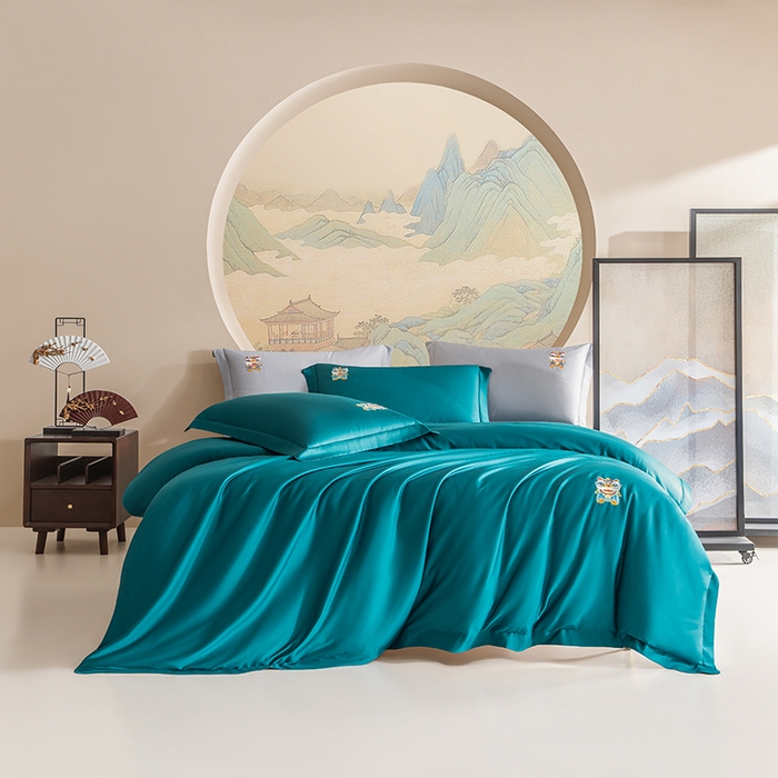 91家纺网 家纺一手货源 找家纺 （总）佑金甜 2026新款100支全棉贡缎中国风新疆长绒棉纯色双拼四件套（礼盒塑封包装）