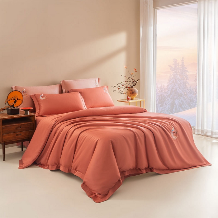 91家纺网 家纺一手货源 找家纺 佑金甜 2026新款100支全棉贡缎中国风新疆长绒棉纯色双拼四件套（礼盒塑封包装） 凤皇-赤