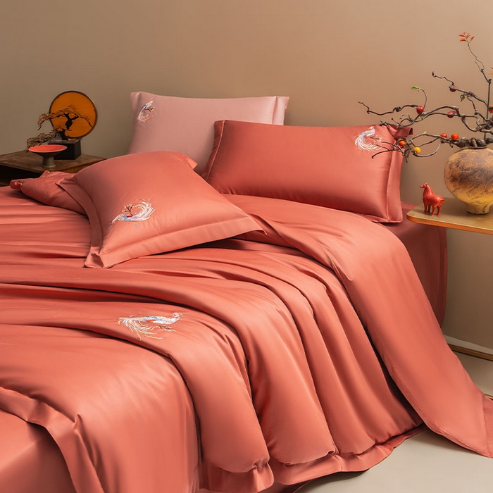 91家纺网 家纺一手货源 找家纺 佑金甜 2026新款100支全棉贡缎中国风新疆长绒棉纯色双拼四件套（礼盒塑封包装） 凤皇-赤