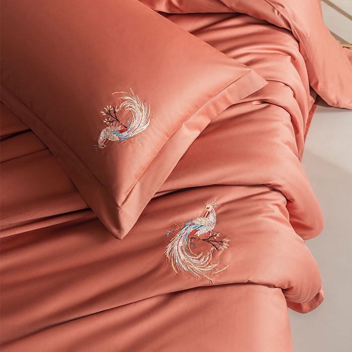 91家纺网 家纺一手货源 找家纺 佑金甜 2026新款100支全棉贡缎中国风新疆长绒棉纯色双拼四件套（礼盒塑封包装） 凤皇-赤