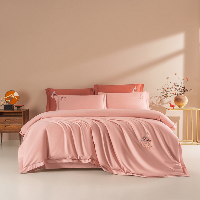 佑金甜 2026新款100支全棉贡缎中国风新疆长绒棉纯色双拼四件套（礼盒塑封包装） 凤皇-粉