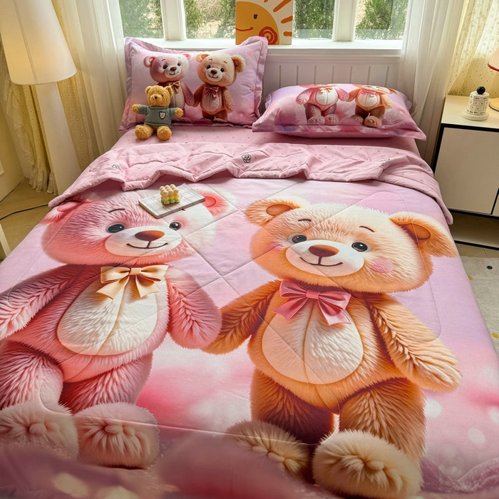 91家纺网 家纺一手货源 找家纺 宝薇 2026春夏新款7D卡通仿棉磨毛水洗棉夏被夏凉被空调被四件套 牵手熊