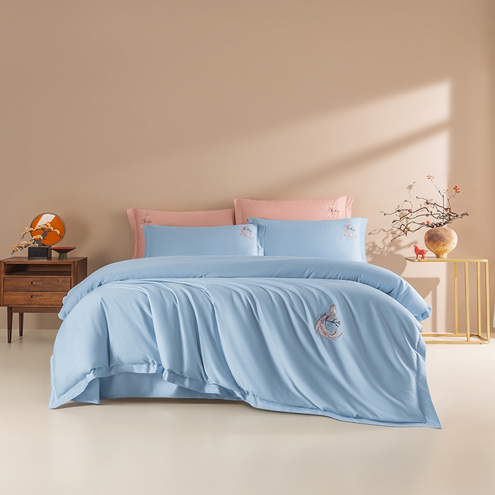 佑金甜 2026新款100支全棉贡缎中国风新疆长绒棉纯色双拼四件套（礼盒塑封包装） 凤皇-蓝
