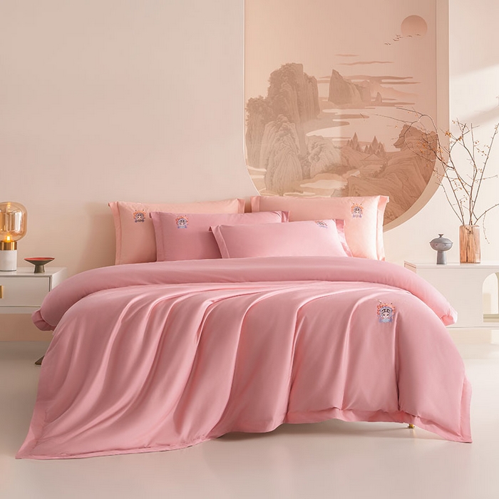 佑金甜 2026新款100支全棉贡缎中国风新疆长绒棉纯色双拼四件套（礼盒塑封包装） 花旦-凤仙粉