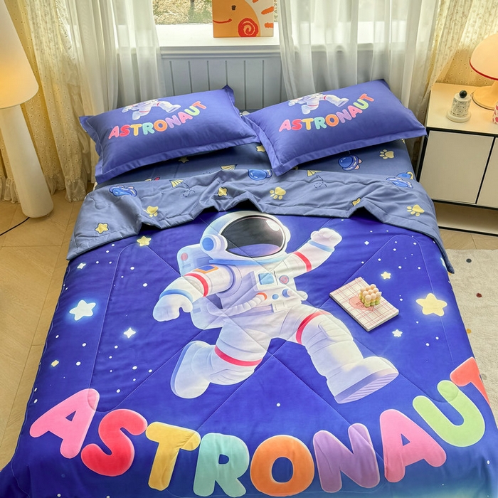 91家纺网 家纺一手货源 找家纺 宝薇 2026春夏新款7D卡通仿棉磨毛水洗棉夏被夏凉被空调被四件套 太空人