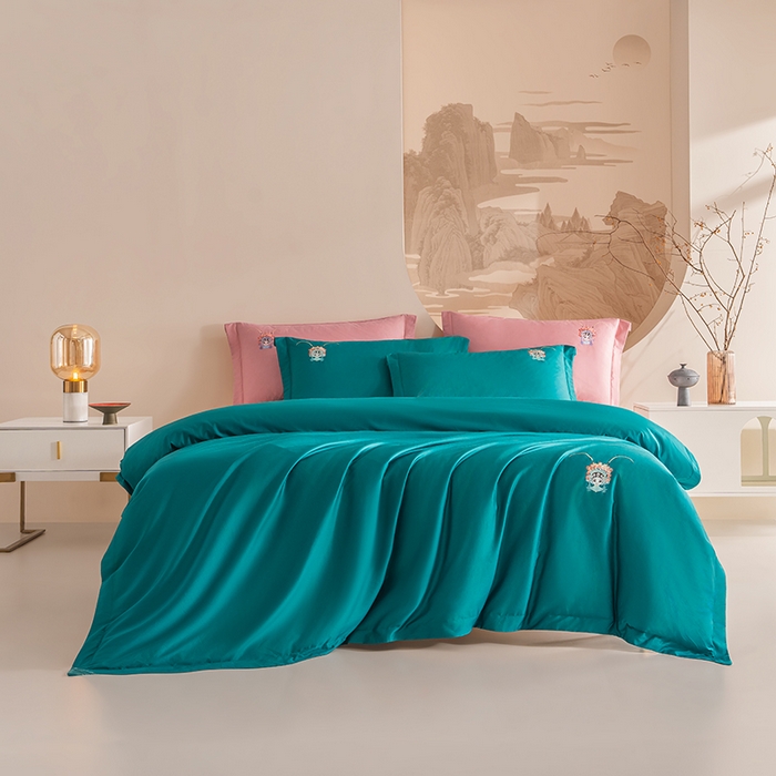 佑金甜 2026新款100支全棉贡缎中国风新疆长绒棉纯色双拼四件套（礼盒塑封包装） 花旦-祖母绿