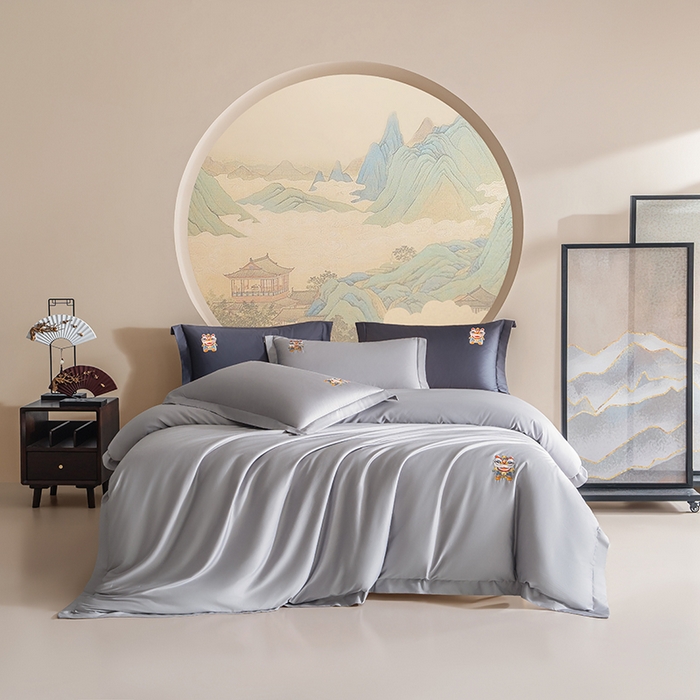 佑金甜 2026新款100支全棉贡缎中国风新疆长绒棉纯色双拼四件套（礼盒塑封包装） 中华醒狮-松灰