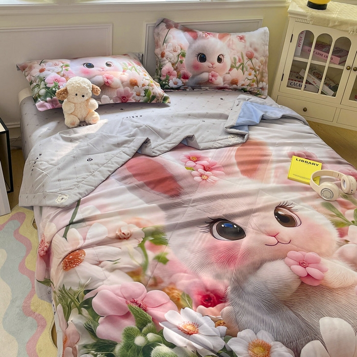 91家纺网 家纺一手货源 找家纺 宝薇 2026春夏新款7D卡通仿棉磨毛水洗棉夏被夏凉被空调被四件套 甜心兔