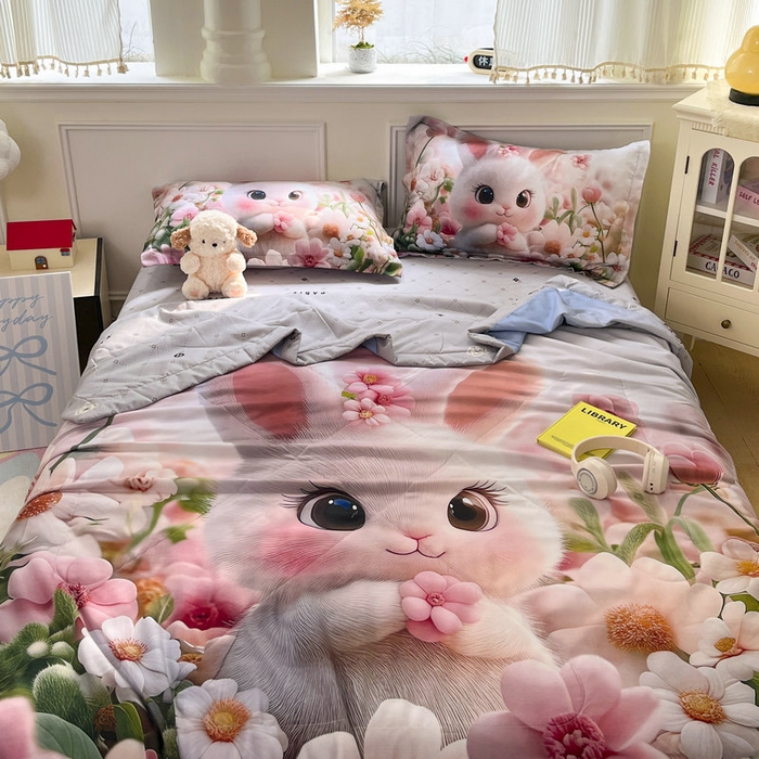 91家纺网 家纺一手货源 找家纺 宝薇 2026春夏新款7D卡通仿棉磨毛水洗棉夏被夏凉被空调被四件套 甜心兔