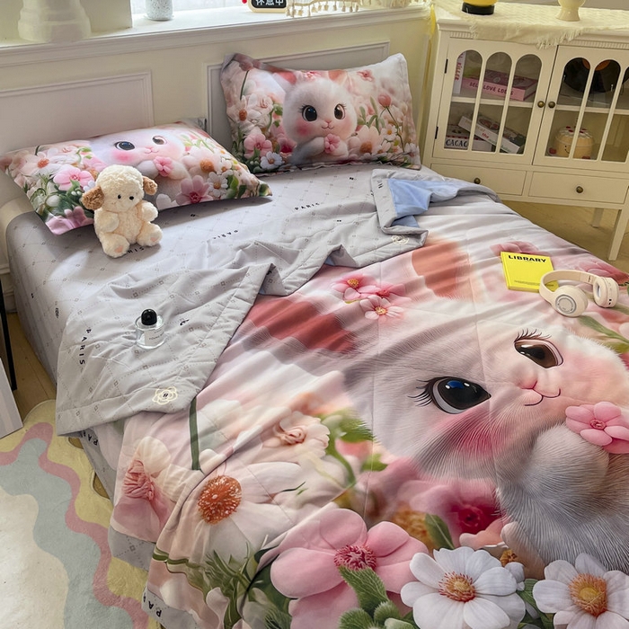 91家纺网 家纺一手货源 找家纺 宝薇 2026春夏新款7D卡通仿棉磨毛水洗棉夏被夏凉被空调被四件套 甜心兔