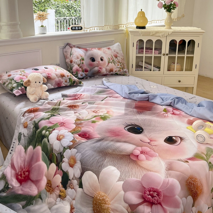 91家纺网 家纺一手货源 找家纺 宝薇 2026春夏新款7D卡通仿棉磨毛水洗棉夏被夏凉被空调被四件套 甜心兔