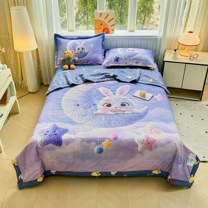 宝薇 2026春夏新款7D卡通仿棉磨毛水洗棉夏被夏凉被空调被四件套 月亮兔