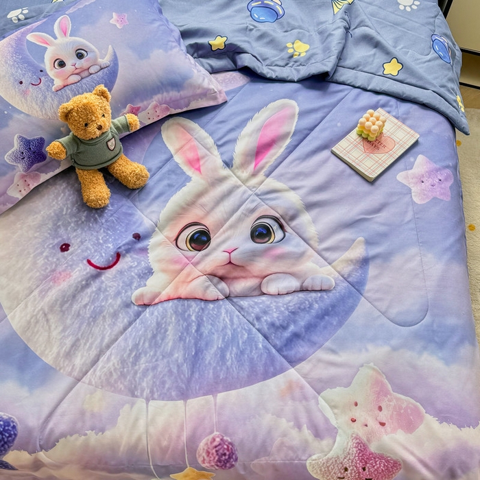 91家纺网 家纺一手货源 找家纺 宝薇 2026春夏新款7D卡通仿棉磨毛水洗棉夏被夏凉被空调被四件套 月亮兔