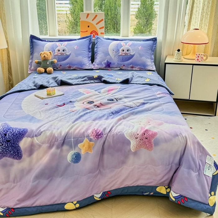 91家纺网 家纺一手货源 找家纺 宝薇 2026春夏新款7D卡通仿棉磨毛水洗棉夏被夏凉被空调被四件套 月亮兔