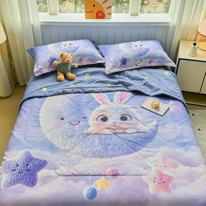 91家纺网 家纺一手货源 找家纺 宝薇 2026春夏新款7D卡通仿棉磨毛水洗棉夏被夏凉被空调被四件套 月亮兔