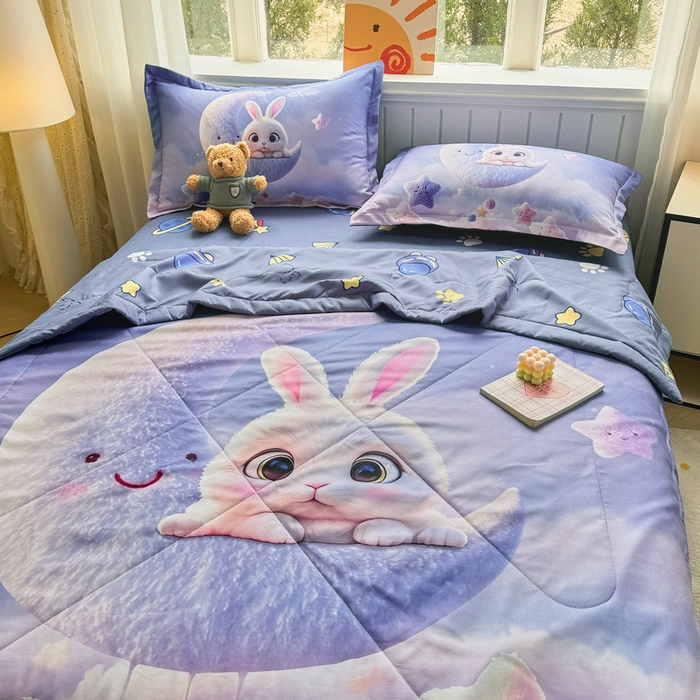91家纺网 家纺一手货源 找家纺 宝薇 2026春夏新款7D卡通仿棉磨毛水洗棉夏被夏凉被空调被四件套 月亮兔