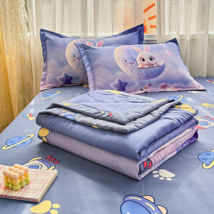 91家纺网 家纺一手货源 找家纺 宝薇 2026春夏新款7D卡通仿棉磨毛水洗棉夏被夏凉被空调被四件套 月亮兔