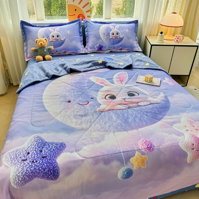 91家纺网 家纺一手货源 找家纺 宝薇 2026春夏新款7D卡通仿棉磨毛水洗棉夏被夏凉被空调被四件套 月亮兔