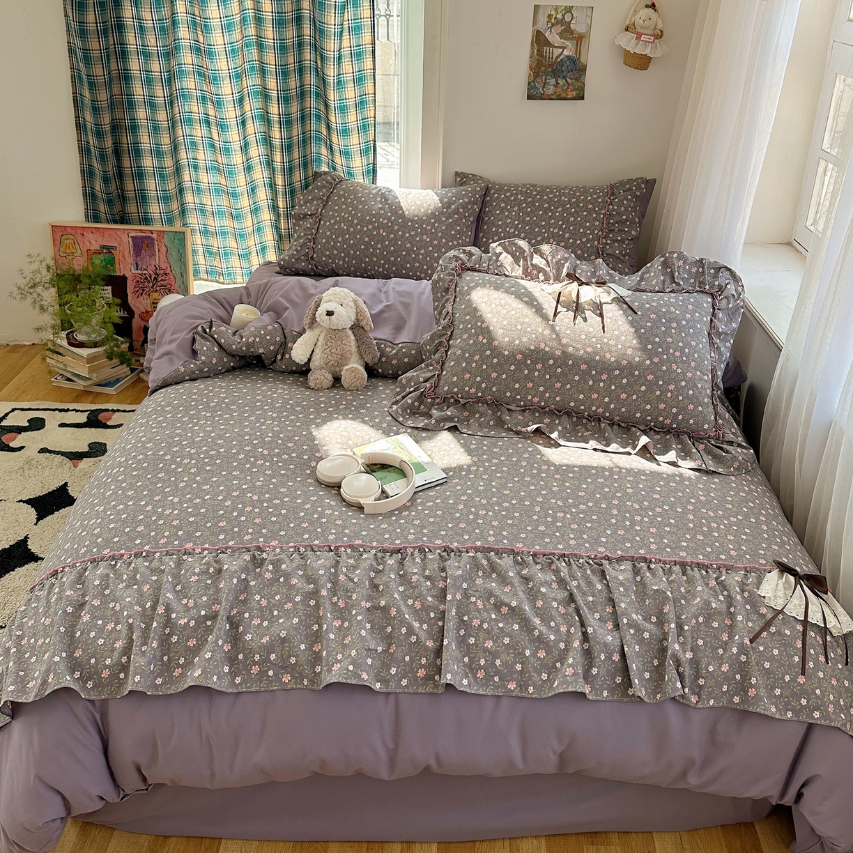 91家纺网 家纺一手货源 找家纺 凯洛奇 2026新款A类仿棉云朵棉蝴蝶结花边四件套（提供买家秀） 绿野花影