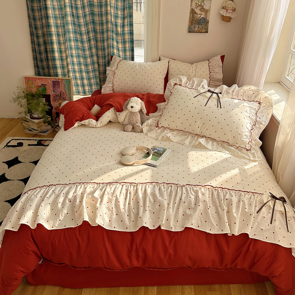 91家纺网 家纺一手货源 找家纺 凯洛奇 2026新款A类仿棉云朵棉蝴蝶结花边四件套（提供买家秀） 红莓气泡