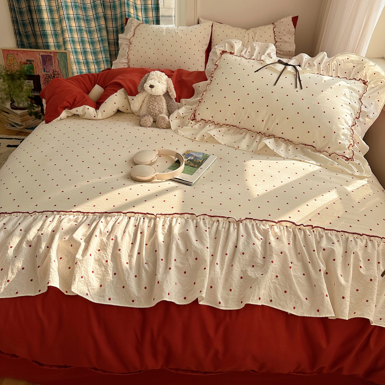 91家纺网 家纺一手货源 找家纺 凯洛奇 2026新款A类仿棉云朵棉蝴蝶结花边四件套（提供买家秀） 红莓气泡