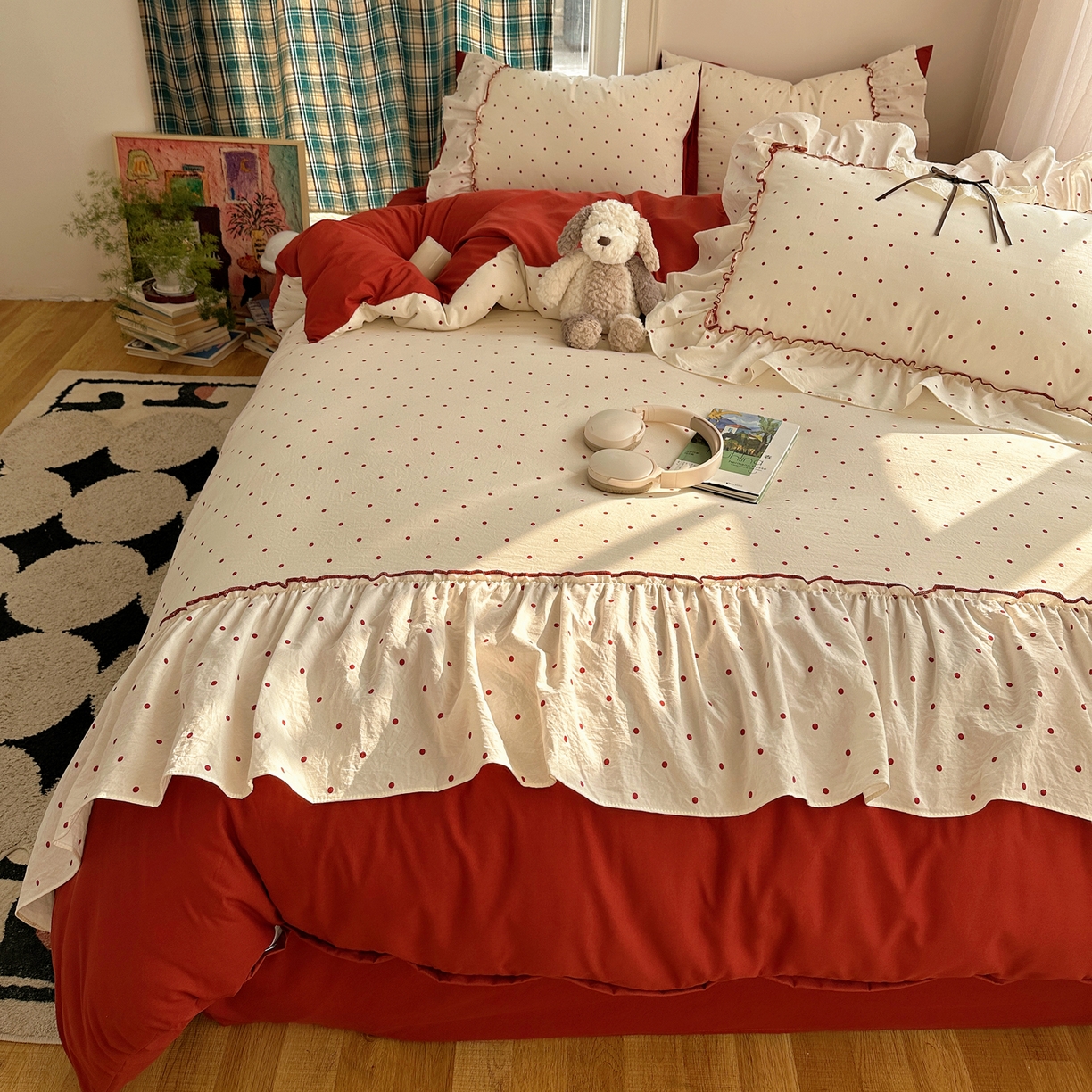 91家纺网 家纺一手货源 找家纺 凯洛奇 2026新款A类仿棉云朵棉蝴蝶结花边四件套（提供买家秀） 红莓气泡