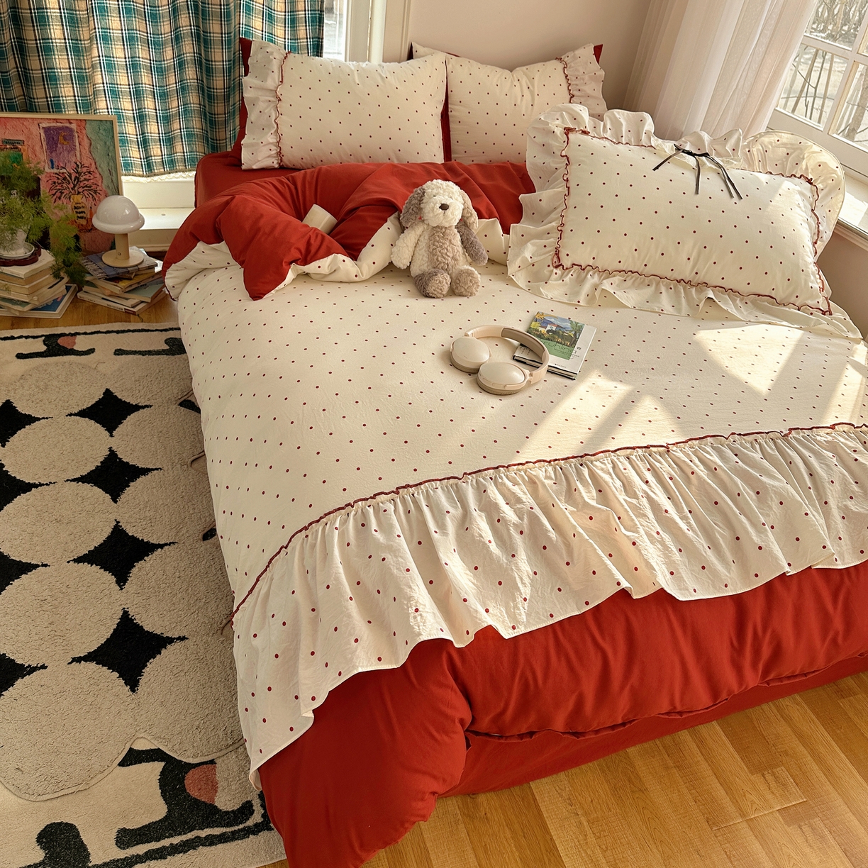 91家纺网 家纺一手货源 找家纺 凯洛奇 2026新款A类仿棉云朵棉蝴蝶结花边四件套（提供买家秀） 红莓气泡