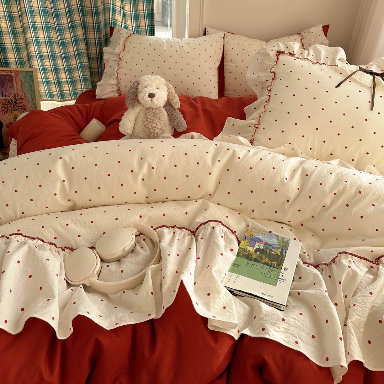 91家纺网 家纺一手货源 找家纺 凯洛奇 2026新款A类仿棉云朵棉蝴蝶结花边四件套（提供买家秀） 红莓气泡