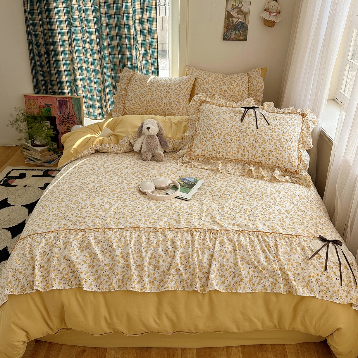 91家纺网 家纺一手货源 找家纺 凯洛奇 2026新款A类仿棉云朵棉蝴蝶结花边四件套（提供买家秀） 金盏花信