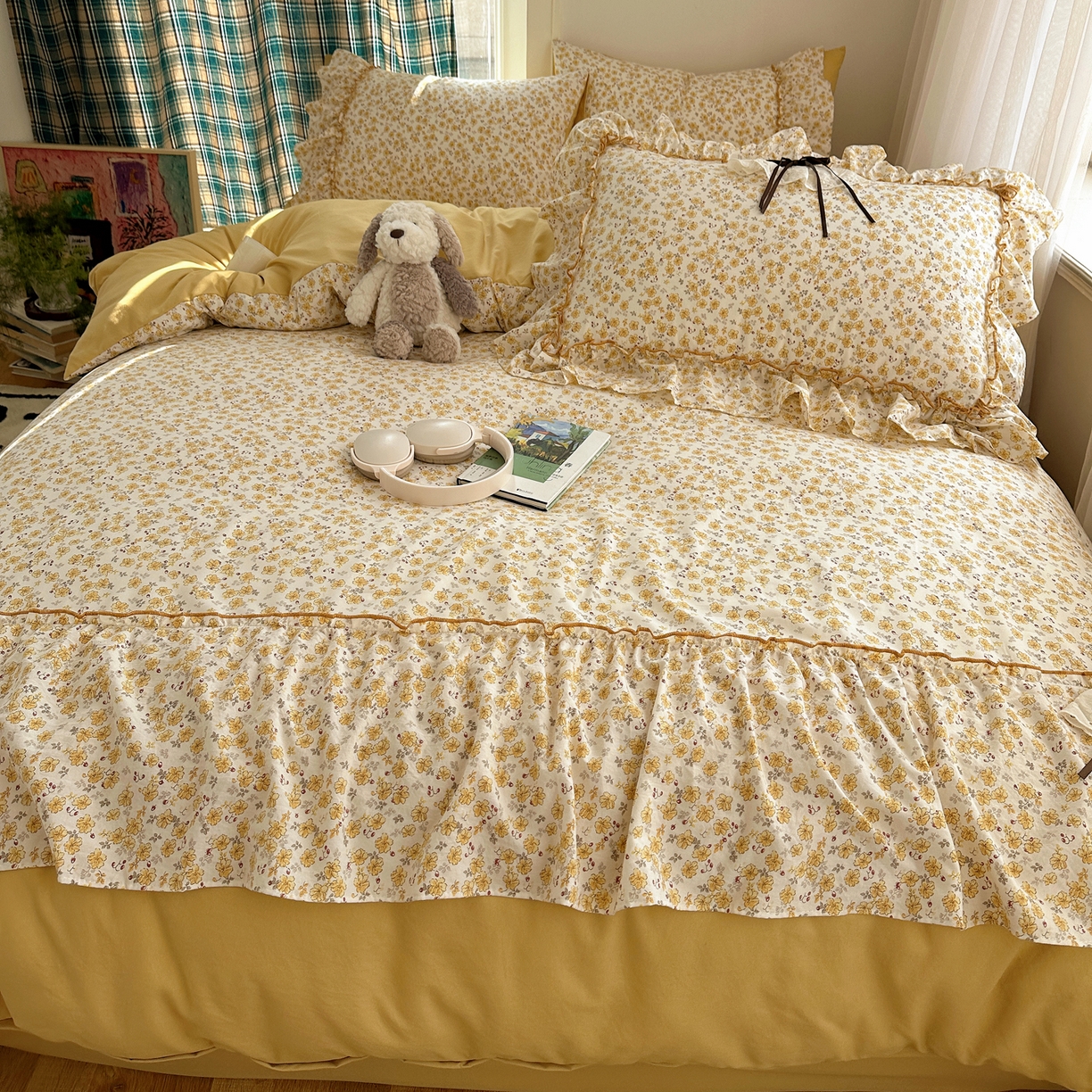 91家纺网 家纺一手货源 找家纺 凯洛奇 2026新款A类仿棉云朵棉蝴蝶结花边四件套（提供买家秀） 金盏花信