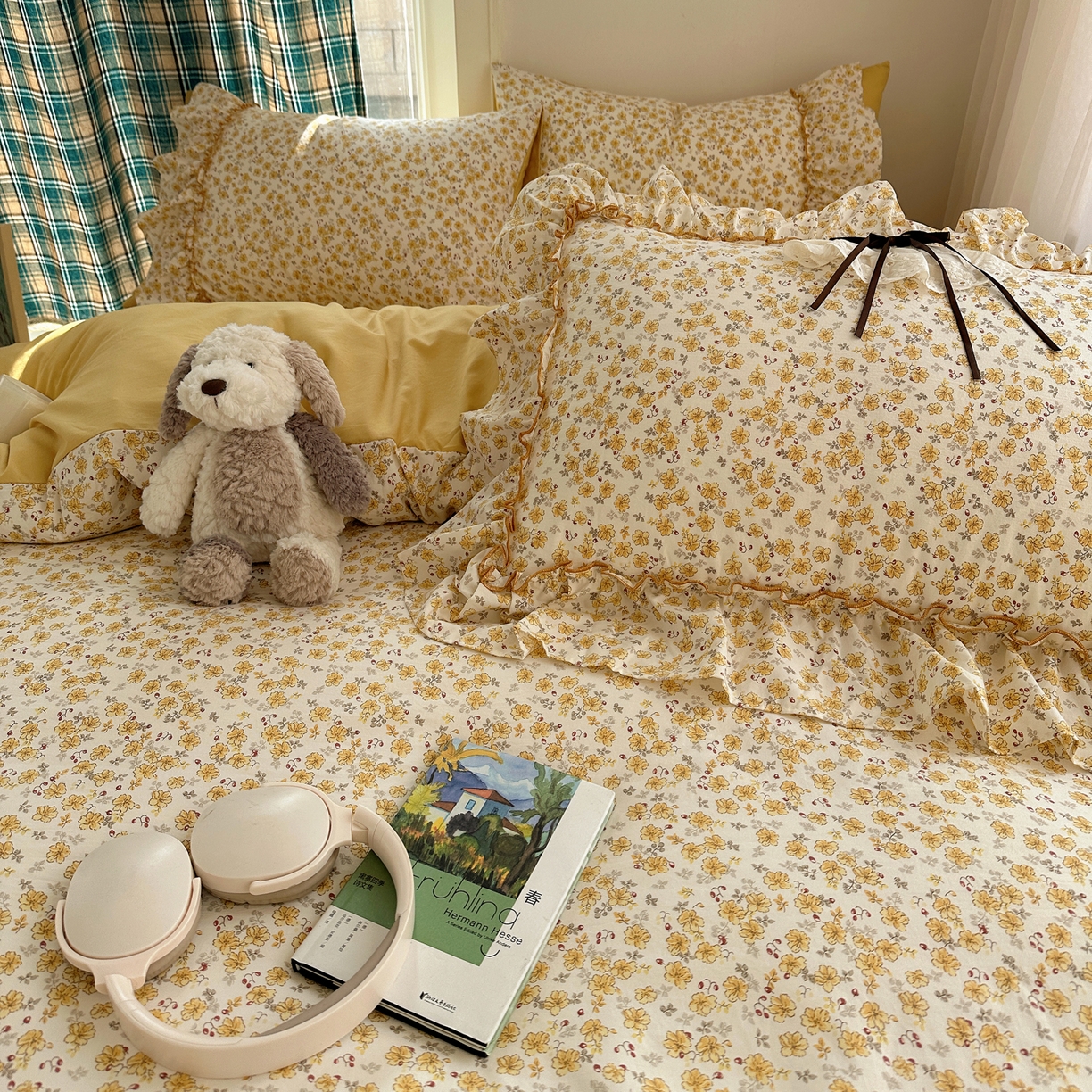 91家纺网 家纺一手货源 找家纺 凯洛奇 2026新款A类仿棉云朵棉蝴蝶结花边四件套（提供买家秀） 金盏花信