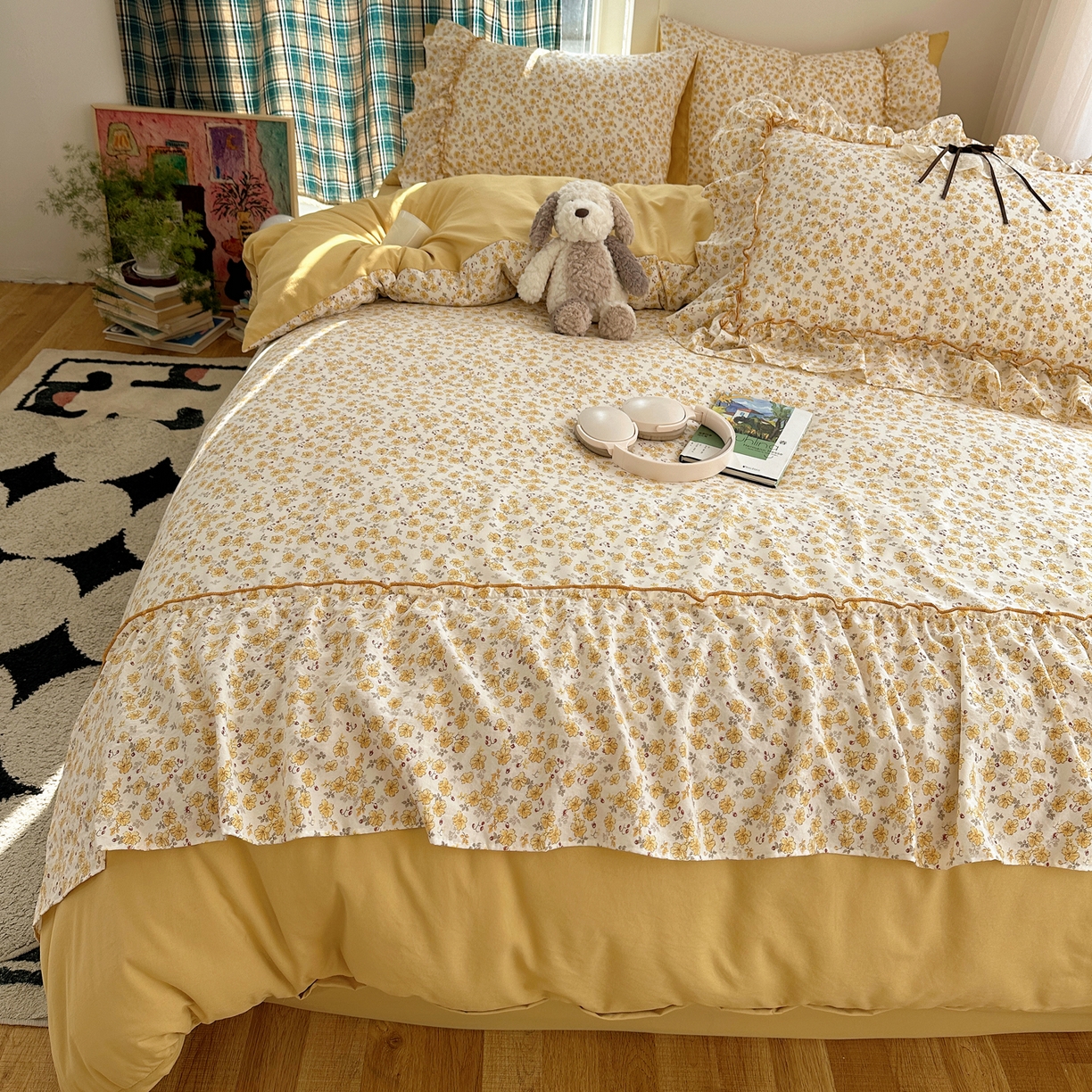 91家纺网 家纺一手货源 找家纺 凯洛奇 2026新款A类仿棉云朵棉蝴蝶结花边四件套（提供买家秀） 金盏花信