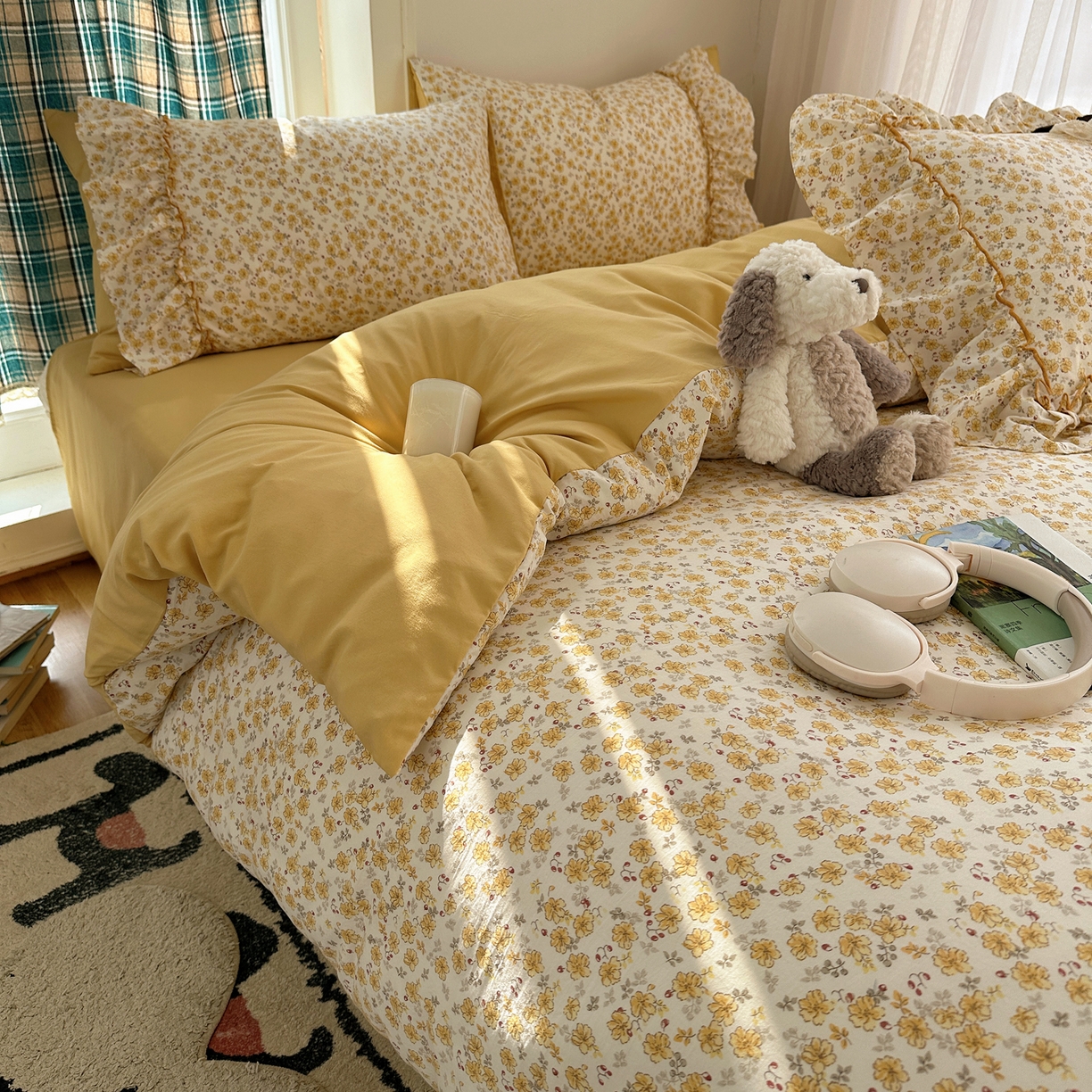 91家纺网 家纺一手货源 找家纺 凯洛奇 2026新款A类仿棉云朵棉蝴蝶结花边四件套（提供买家秀） 金盏花信