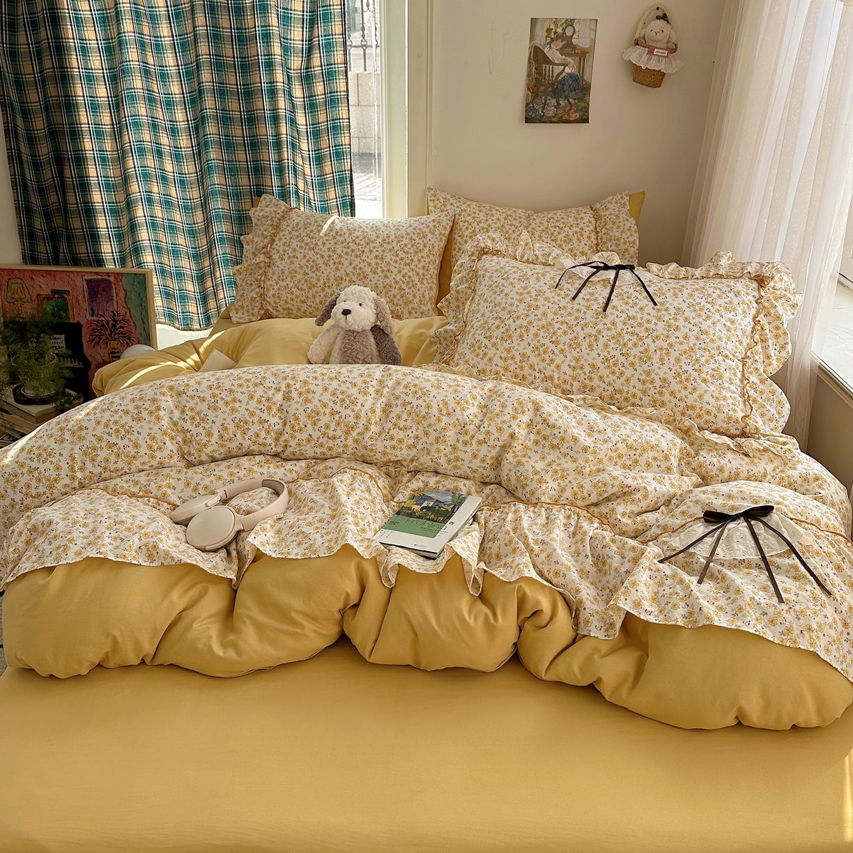 91家纺网 家纺一手货源 找家纺 凯洛奇 2026新款A类仿棉云朵棉蝴蝶结花边四件套（提供买家秀） 金盏花信