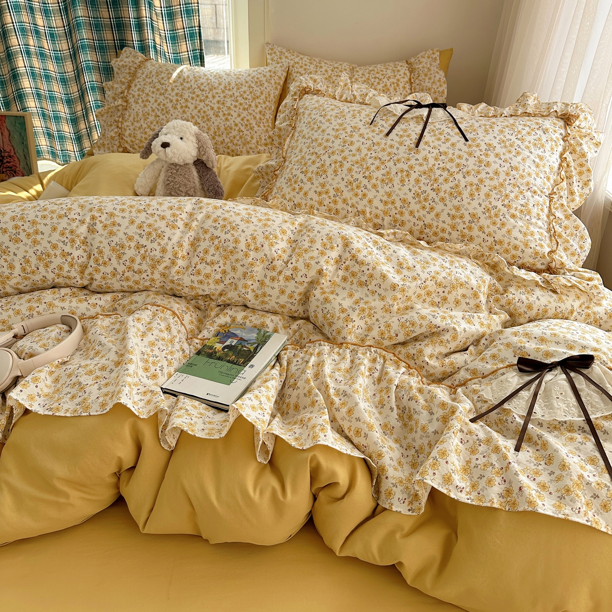 91家纺网 家纺一手货源 找家纺 凯洛奇 2026新款A类仿棉云朵棉蝴蝶结花边四件套（提供买家秀） 金盏花信