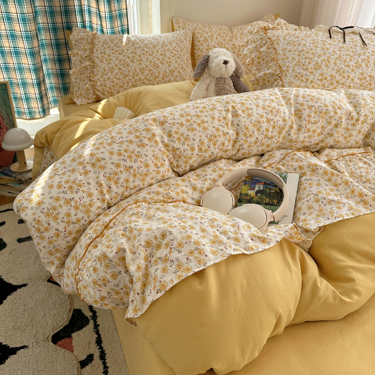 91家纺网 家纺一手货源 找家纺 凯洛奇 2026新款A类仿棉云朵棉蝴蝶结花边四件套（提供买家秀） 金盏花信