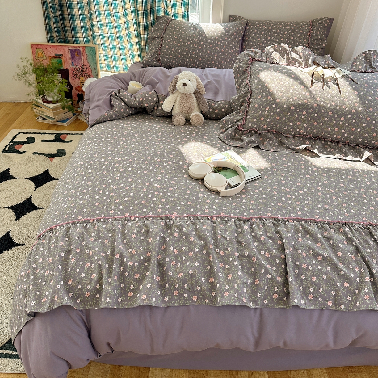 91家纺网 家纺一手货源 找家纺 凯洛奇 2026新款A类仿棉云朵棉蝴蝶结花边四件套（提供买家秀） 绿野花影