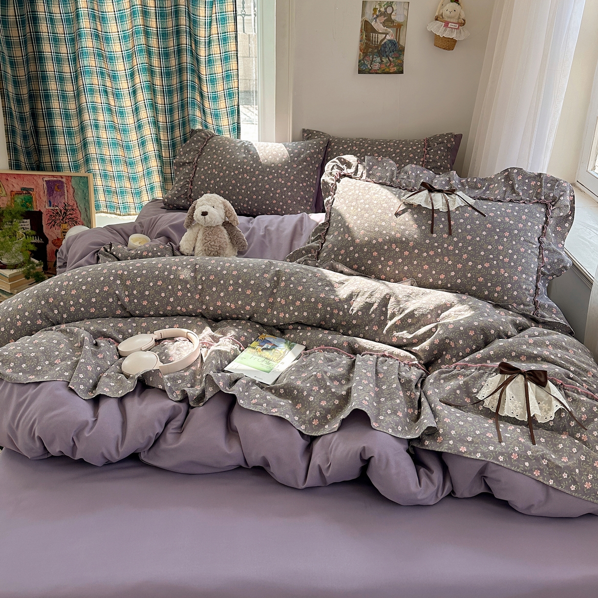 91家纺网 家纺一手货源 找家纺 凯洛奇 2026新款A类仿棉云朵棉蝴蝶结花边四件套（提供买家秀） 绿野花影