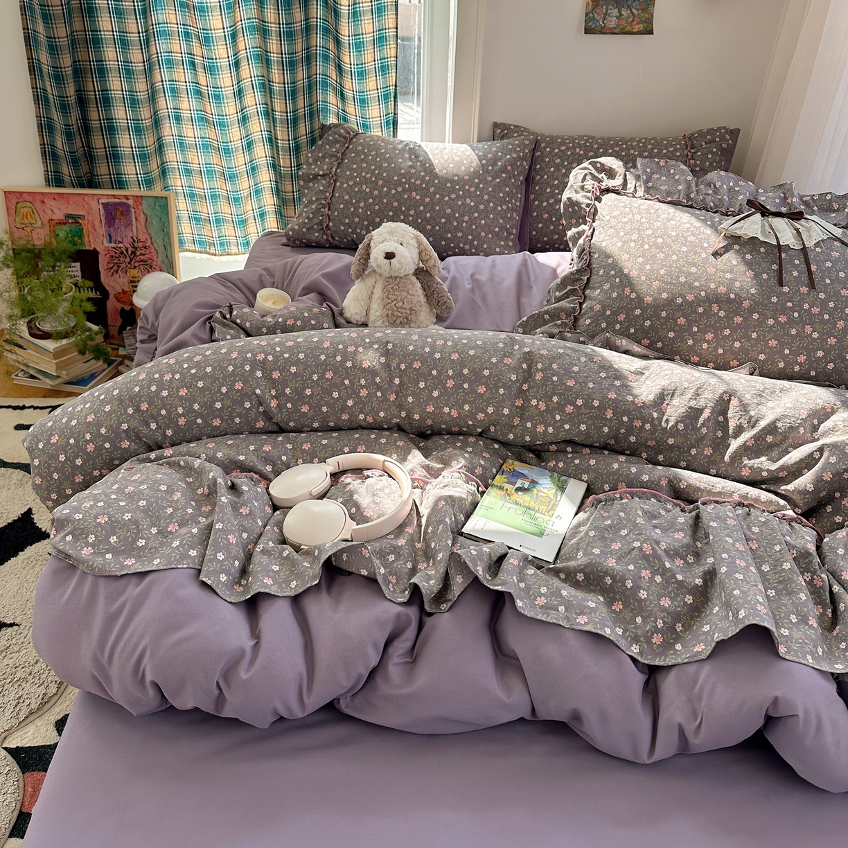 91家纺网 家纺一手货源 找家纺 凯洛奇 2026新款A类仿棉云朵棉蝴蝶结花边四件套（提供买家秀） 绿野花影