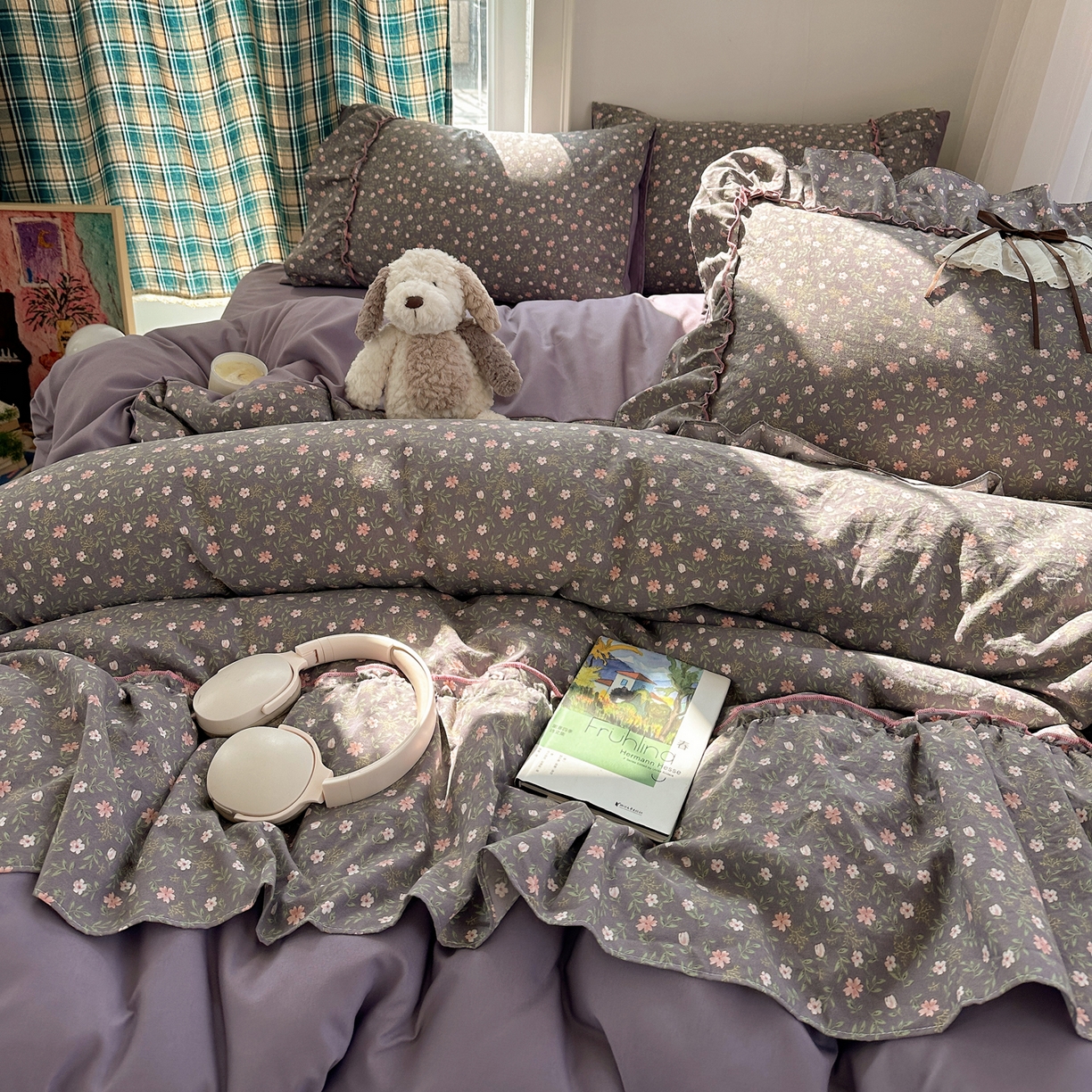 91家纺网 家纺一手货源 找家纺 凯洛奇 2026新款A类仿棉云朵棉蝴蝶结花边四件套（提供买家秀） 绿野花影