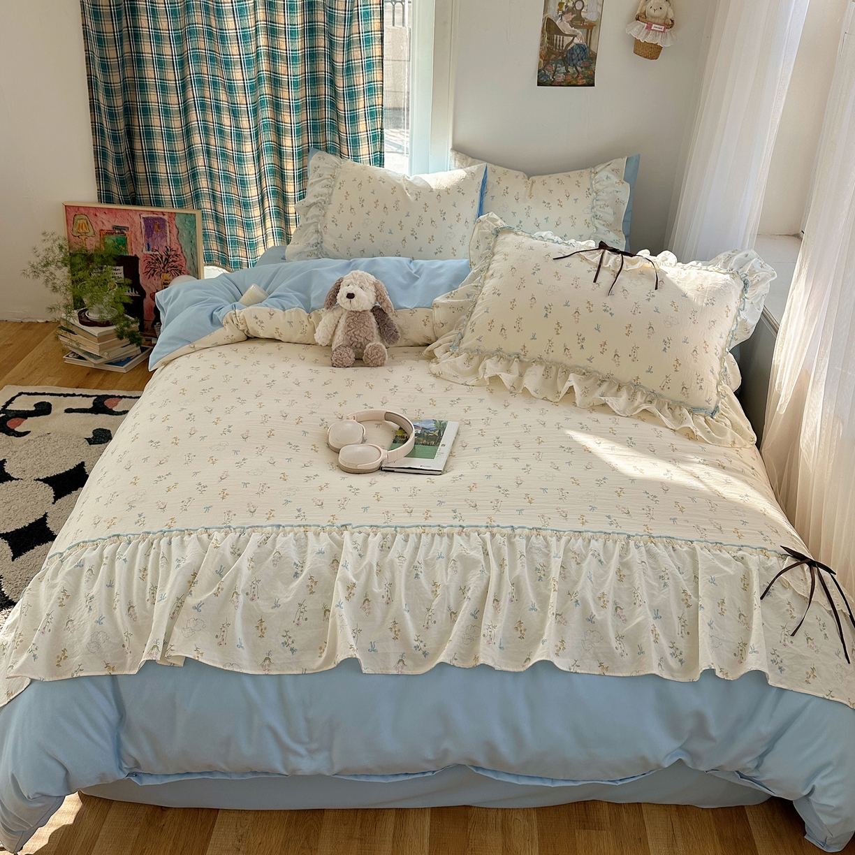 91家纺网 家纺一手货源 找家纺 凯洛奇 2026新款A类仿棉云朵棉蝴蝶结花边四件套（提供买家秀） 浅蓝甜梦