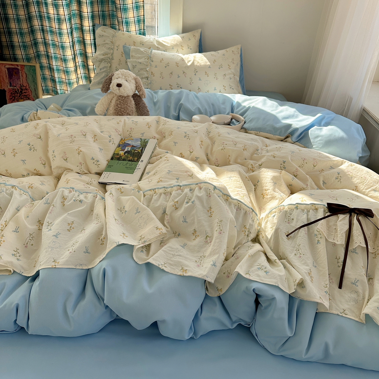 91家纺网 家纺一手货源 找家纺 凯洛奇 2026新款A类仿棉云朵棉蝴蝶结花边四件套（提供买家秀） 浅蓝甜梦