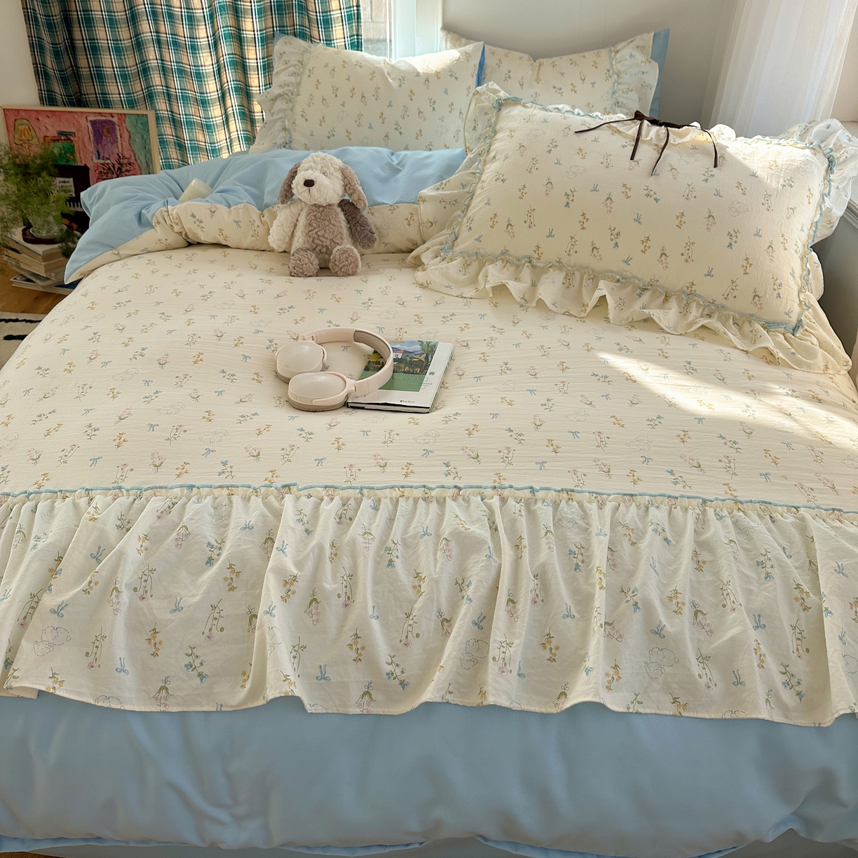 91家纺网 家纺一手货源 找家纺 凯洛奇 2026新款A类仿棉云朵棉蝴蝶结花边四件套（提供买家秀） 浅蓝甜梦