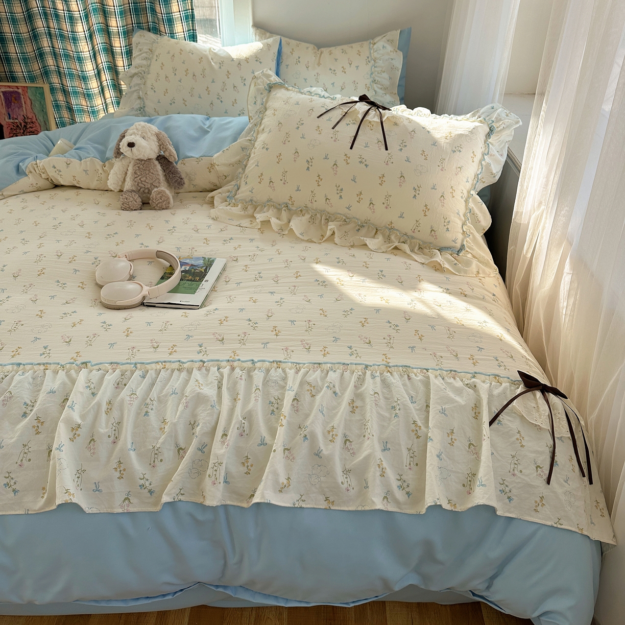 91家纺网 家纺一手货源 找家纺 凯洛奇 2026新款A类仿棉云朵棉蝴蝶结花边四件套（提供买家秀） 浅蓝甜梦