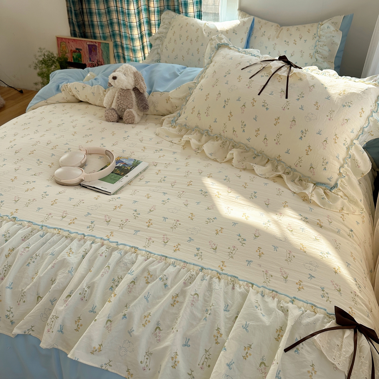 91家纺网 家纺一手货源 找家纺 凯洛奇 2026新款A类仿棉云朵棉蝴蝶结花边四件套（提供买家秀） 浅蓝甜梦