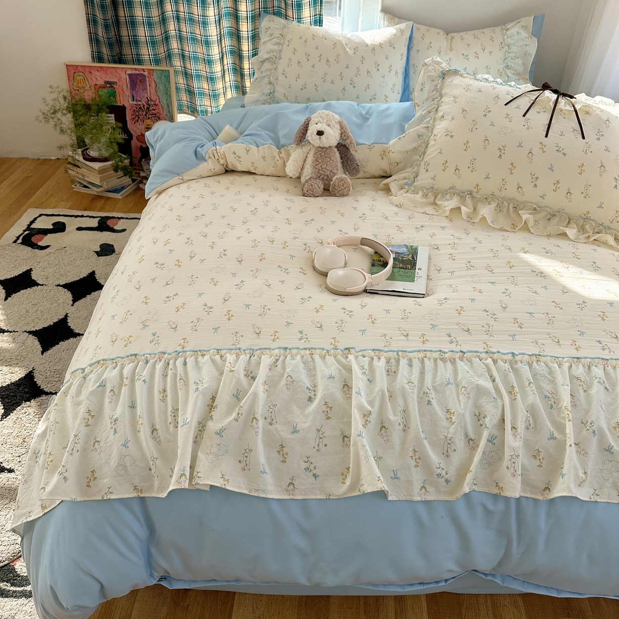 91家纺网 家纺一手货源 找家纺 凯洛奇 2026新款A类仿棉云朵棉蝴蝶结花边四件套（提供买家秀） 浅蓝甜梦