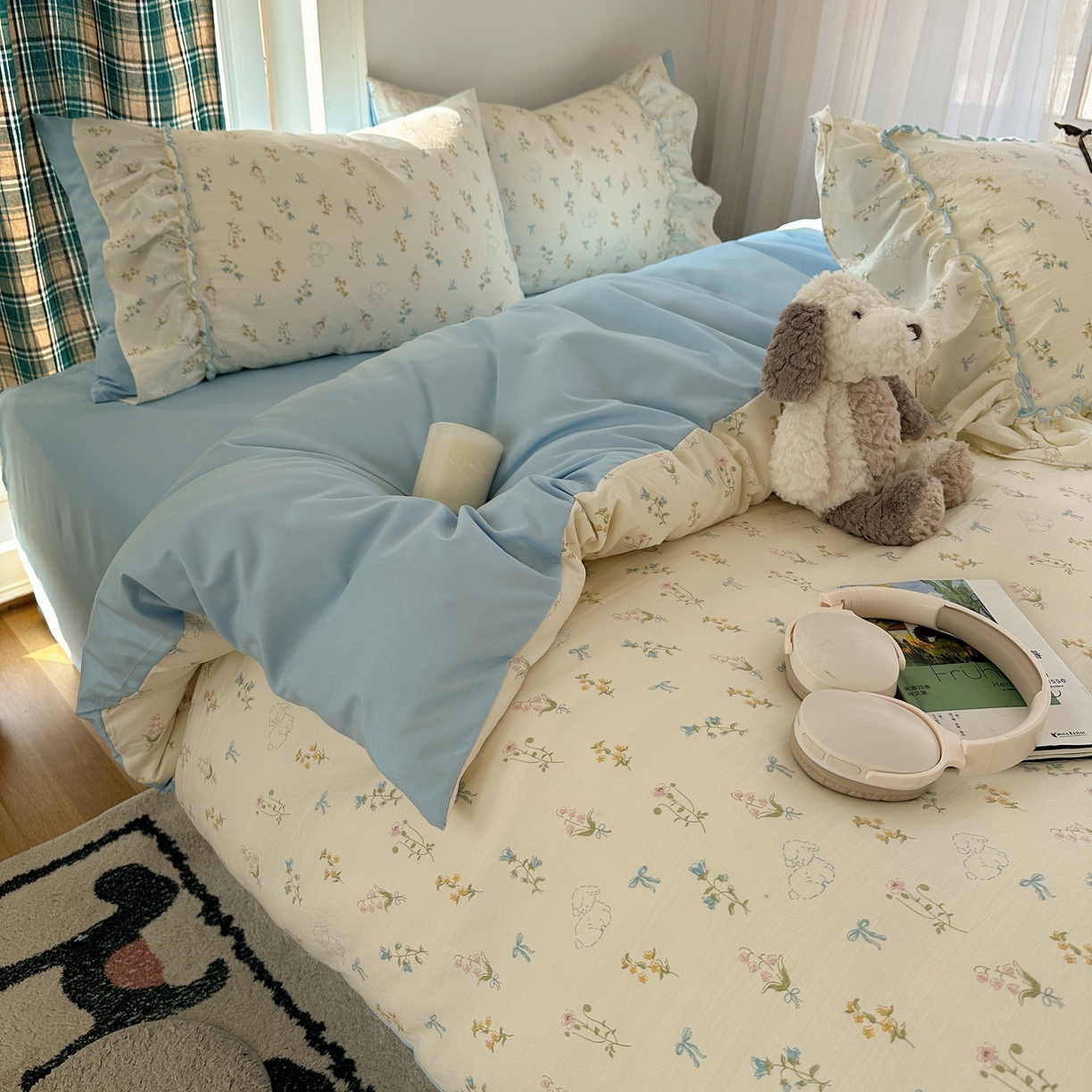 91家纺网 家纺一手货源 找家纺 凯洛奇 2026新款A类仿棉云朵棉蝴蝶结花边四件套（提供买家秀） 浅蓝甜梦