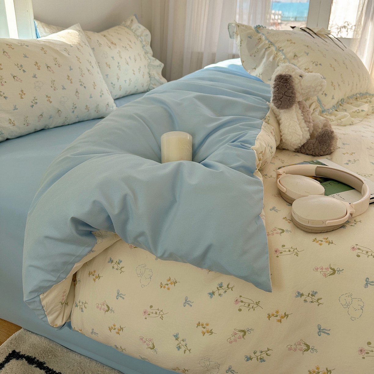 91家纺网 家纺一手货源 找家纺 凯洛奇 2026新款A类仿棉云朵棉蝴蝶结花边四件套（提供买家秀） 浅蓝甜梦